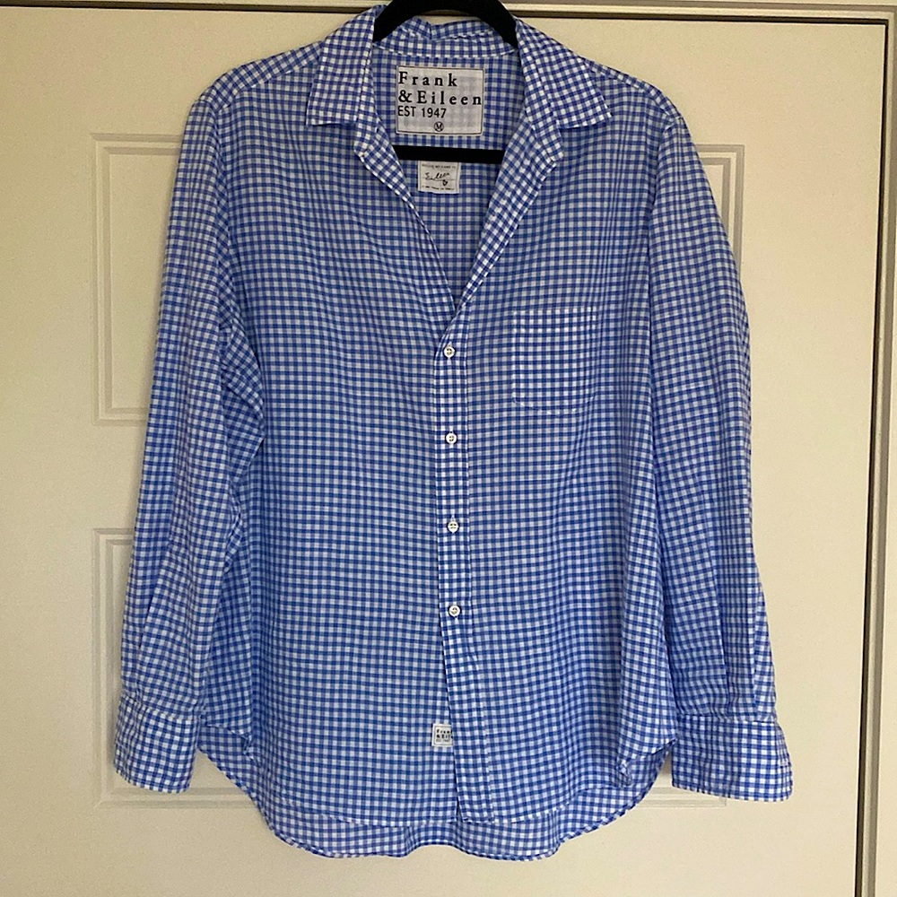 Frank and Eileen Relaxed Button-Up Cotton Shirt - Size M Navy&White Plaid/Check